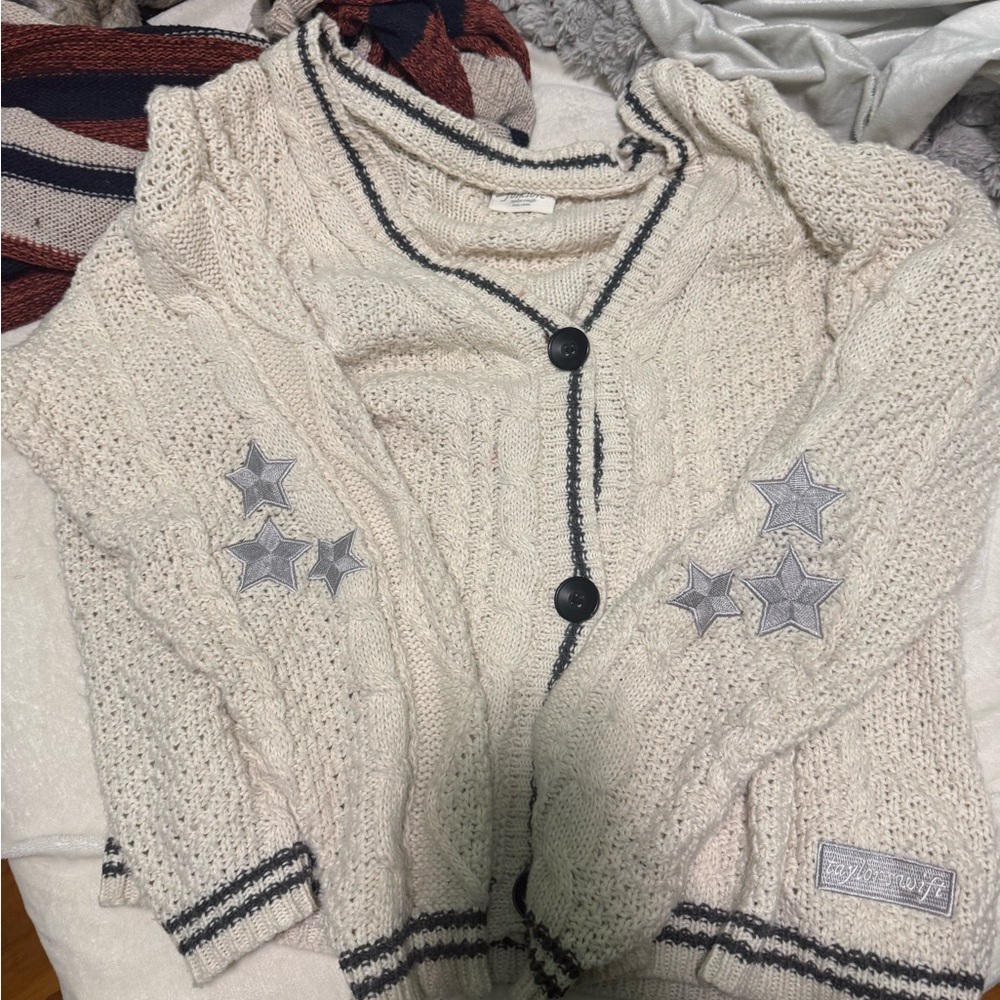 Taylor Swift Cream Cardigan with Gray Star Details